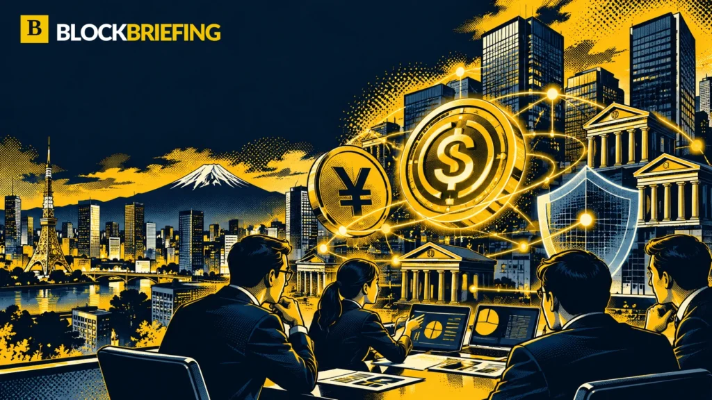 Original navy and gold pop-art illustration of Japan's corporate stablecoin payments, yen and digital financial networks with official BlockBriefing header logo.