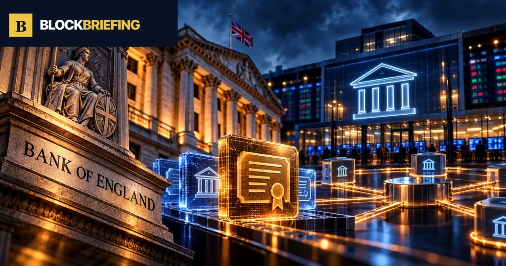 Bank of England building and tokenized collateral clearinghouse network, BlockBriefing illustration