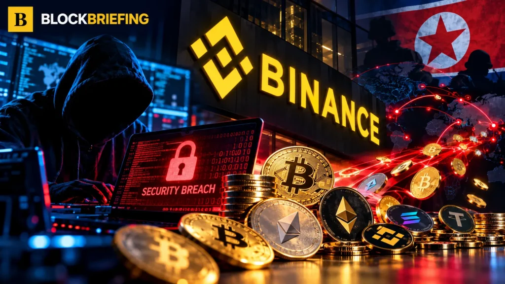BlockBriefing illustration of Binance cybersecurity breach, cryptocurrency outflows, and investigation into the October 2026 hack