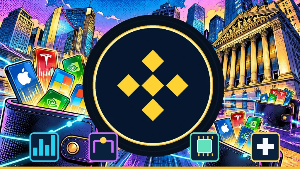 Text-free pop-art illustration of cryptocurrency trading, stock-linked financial contracts and a futuristic derivatives market.
