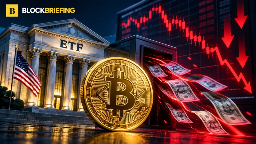 BlockBriefing editorial illustration showing Bitcoin and US spot ETF outflows with a falling market chart