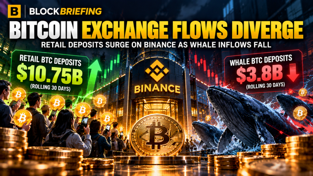 BlockBriefing illustration showing Bitcoin exchange inflows to Binance: retail-classified deposits of $10.75 billion versus whale deposits of $3.8 billion over a rolling 30 days