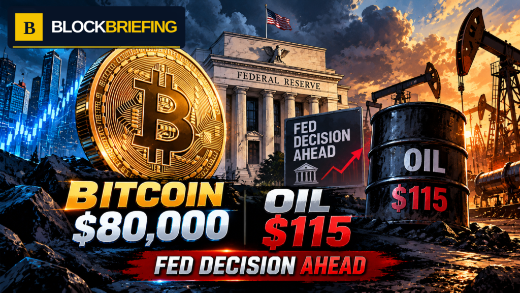 BlockBriefing editorial illustration of Bitcoin near $80,000, oil near $115 and the Federal Reserve ahead of its October 2026 policy meeting
