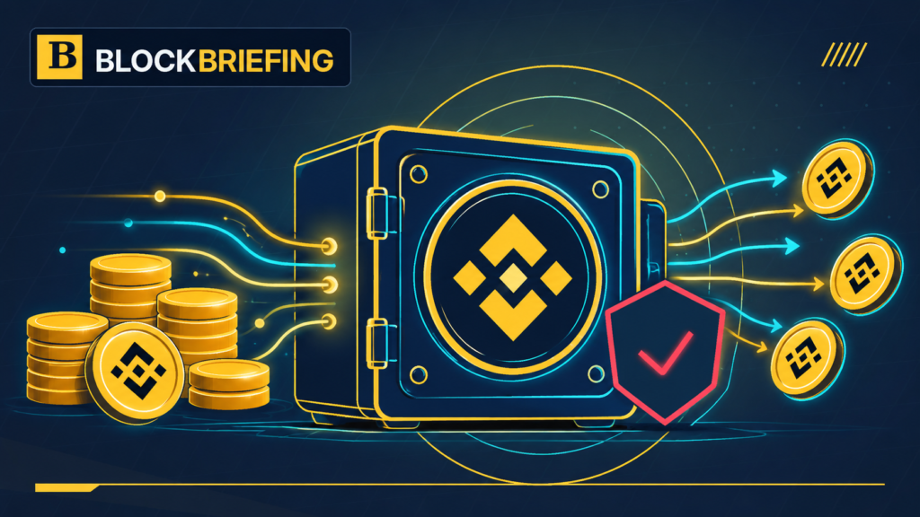 Editorial illustration of Binance's allocated corporate crypto reserves and digital asset recovery following its security incident