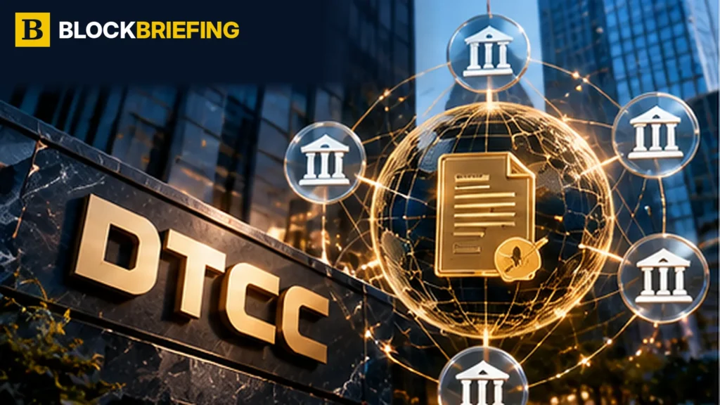 BlockBriefing illustration of DTCC securities tokenization, institutional financial infrastructure and digital blockchain assets