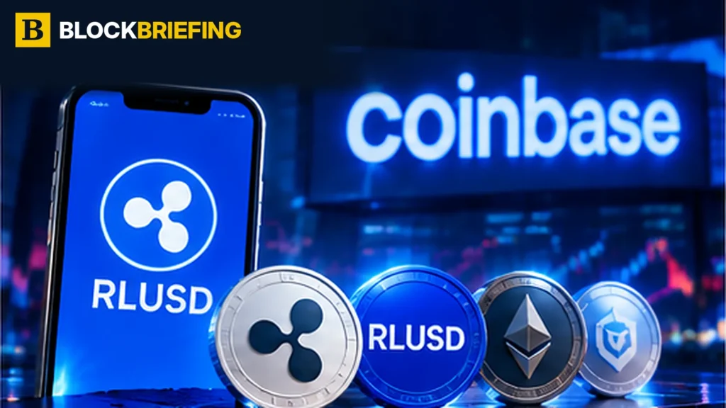 BlockBriefing illustration of Coinbase adding Ripple RLUSD stablecoin to its app and institutional trading platforms