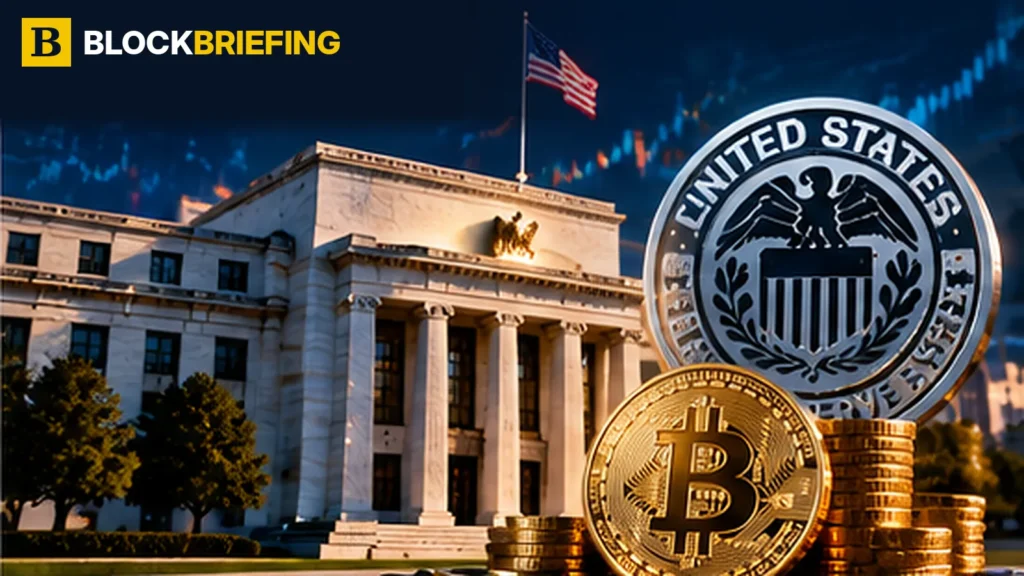 BlockBriefing illustration of the U.S. Federal Reserve interest-rate decision and financial market charts