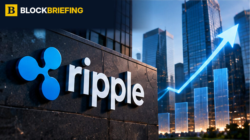 BlockBriefing illustration of Ripple fintech business expansion and a rising financial revenue chart
