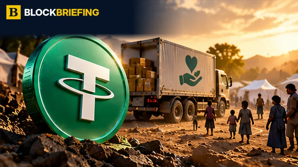 BlockBriefing illustration of Tether stablecoin, humanitarian aid and access to digital finance