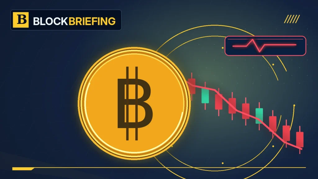 BlockBriefing editorial illustration of Bitcoin and declining cryptocurrency market candlestick charts