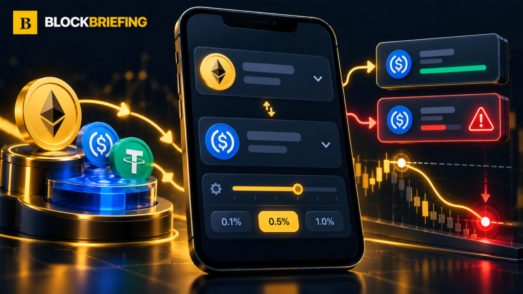 BlockBriefing editorial illustration showing swap quote differences, slippage settings and trading execution risk
