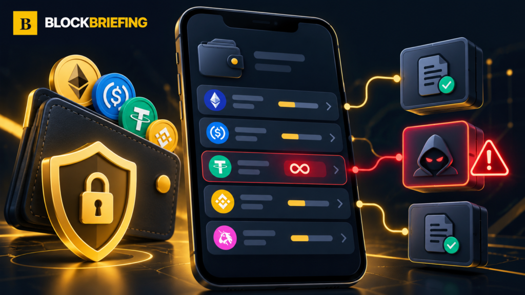 BlockBriefing editorial illustration of a cryptocurrency whitepaper being scrutinized for tokenomics and warning signs