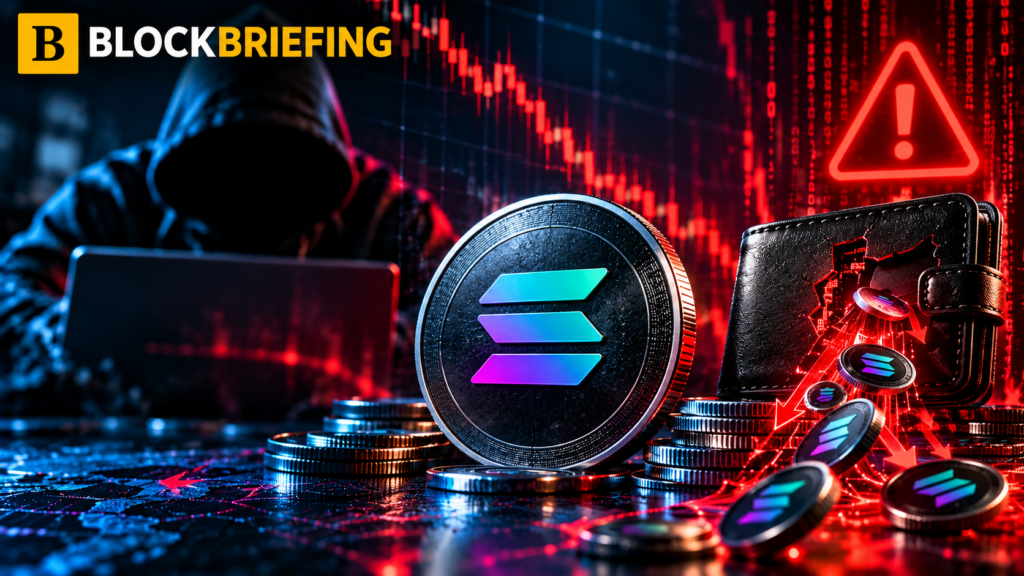 BlockBriefing-branded editorial illustration of Solana wallet security breach, with a shadowed figure, cracked wallet, Solana coin and security alert.