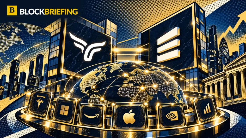 Pop-art illustration of institutional tokenized stock infrastructure and financial networks with the official BlockBriefing header logo.