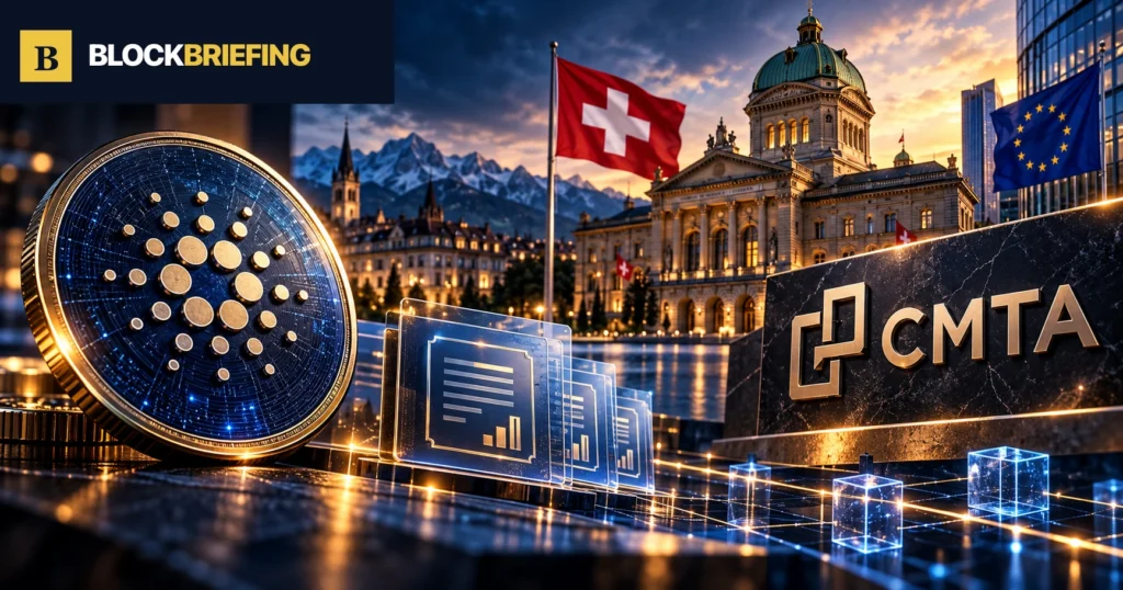 Cardano ADA and Swiss CMTA tokenized securities, BlockBriefing illustration