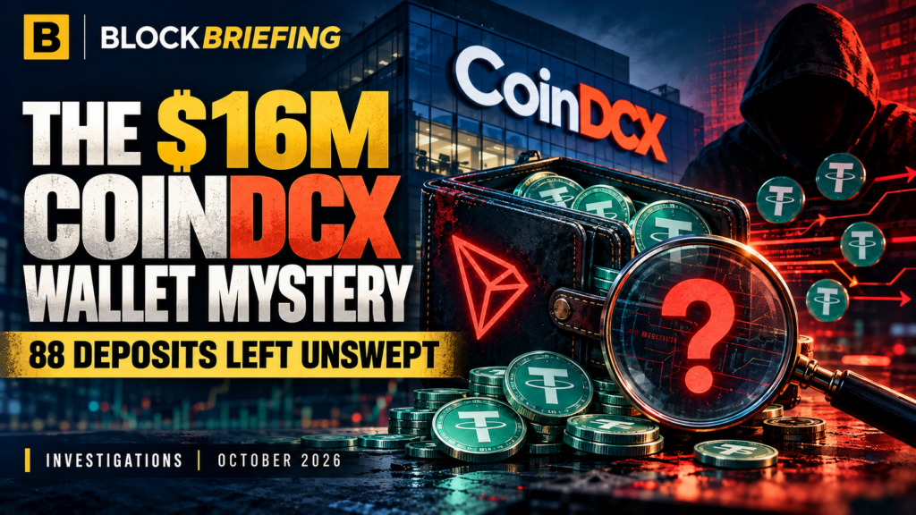 CoinDCX wallet, TRON and USDT transfers, and a magnifying glass illustrating the $16 million legacy-wallet incident.