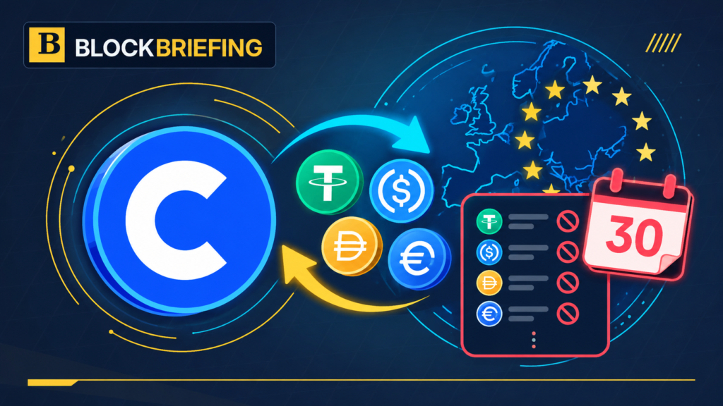 Coinbase stablecoin tokens and European Union illustration representing the October 30 conversion deadline