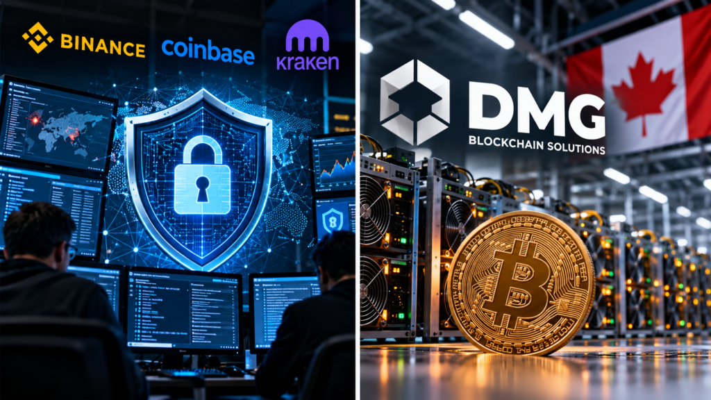 Editorial illustration of cryptocurrency exchange cybersecurity monitoring and a digital security shield