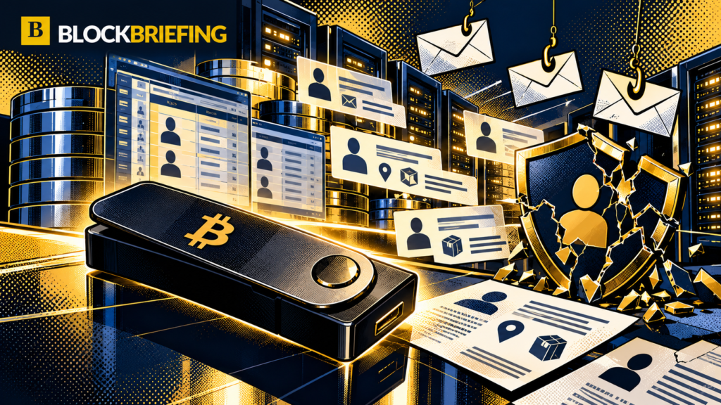 Navy and gold pop-art illustration of Bitcoin hardware wallet beside exposed customer database records, phishing emails and broken privacy shield. BlockBriefing header branding.