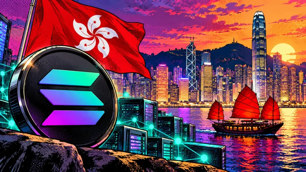 Text-free pop-art illustration of Solana's symbol, Hong Kong flag, Victoria Harbour skyline, red-sailed junk boat and blockchain validator servers.