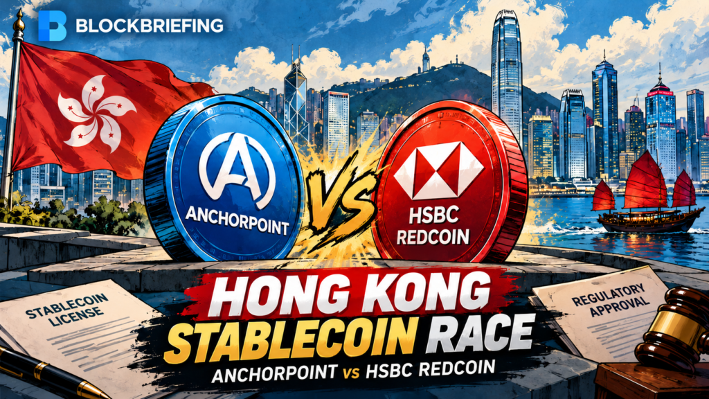 Original BlockBriefing comic-book editorial illustration showing Hong Kong's skyline, Anchorpoint and HSBC RedCoin stablecoin symbols