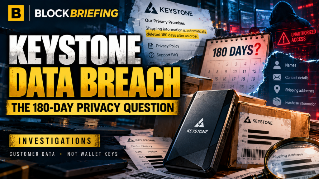 Keystone hardware wallet beside shipping records and a 180-day calendar highlighting customer data privacy questions.