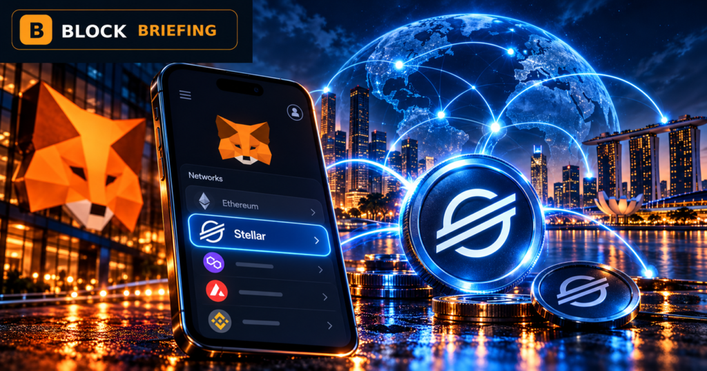 MetaMask adds Stellar as a default wallet network, featuring the MetaMask fox and Stellar network