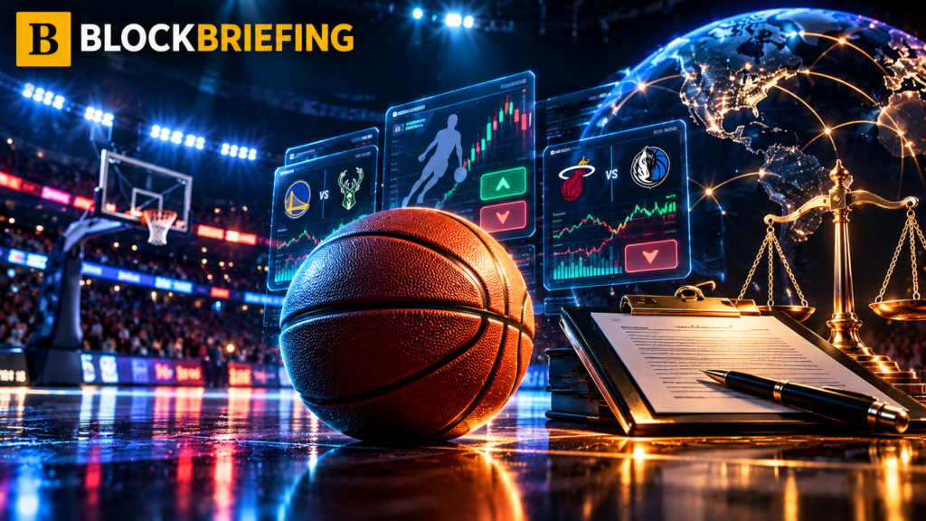 BlockBriefing original editorial illustration of a basketball court, financial prediction market graphics and regulatory oversight, with the site's gold-and-white masthead.