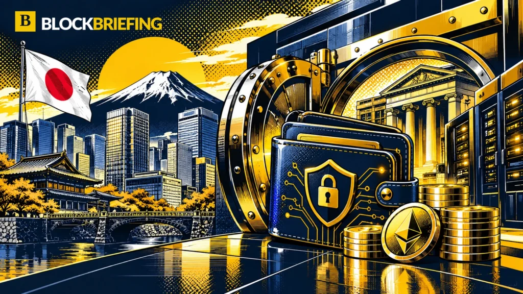Original pop-art illustration of Japan's institutional crypto custody infrastructure, with a secure digital wallet, bank vault and official BlockBriefing header logo.