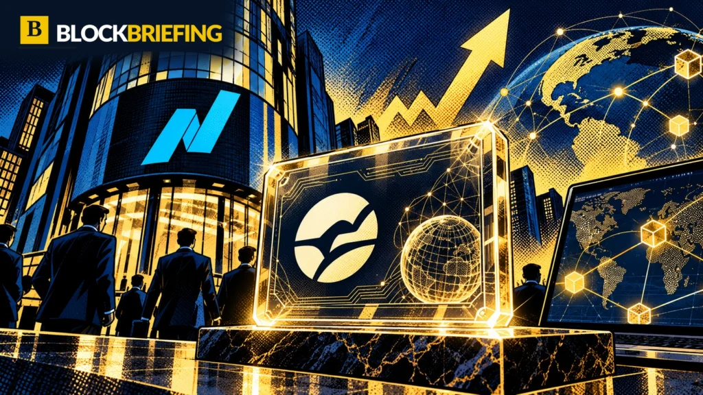 Pop-art illustration of Nasdaq blockchain shares, digital stock token and financial network with official BlockBriefing header branding.