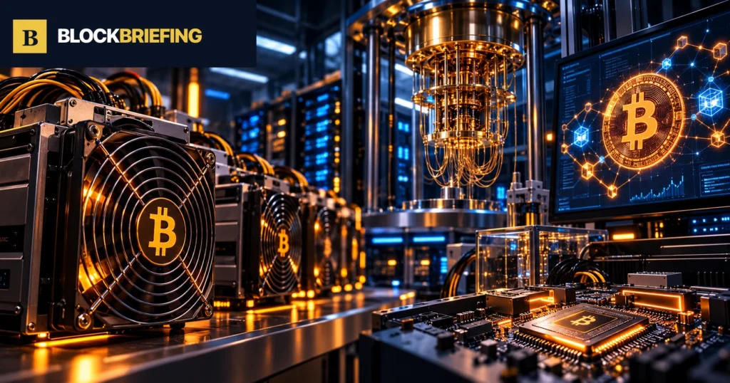 Bitcoin mining rigs and computing technology illustrating Quantum Blockchain mining tests