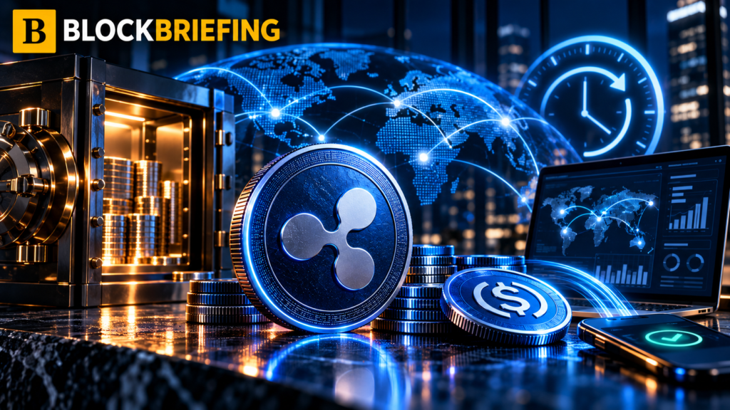 BlockBriefing original editorial illustration showing the Ripple symbol, digital payments and international corporate treasury infrastructure, with the website's gold-and-white masthead.