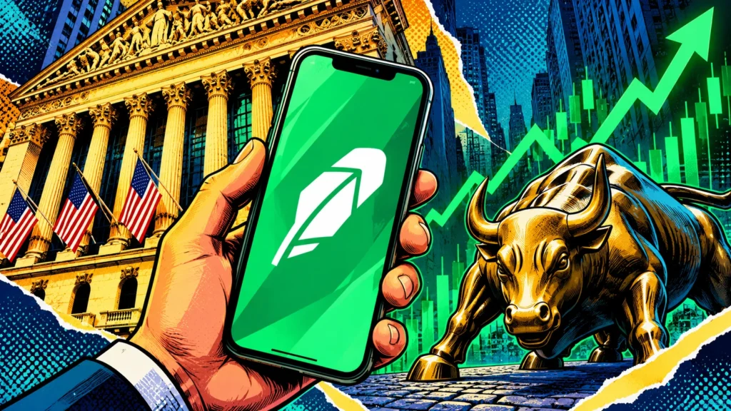 Text-free pop-art illustration of a Robinhood-themed trading phone, Wall Street exchange building, charging bull and upward-trending market chart.