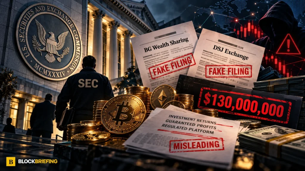 Editorial illustration showing SEC investigation into alleged false filings and $130 million crypto investment fraud