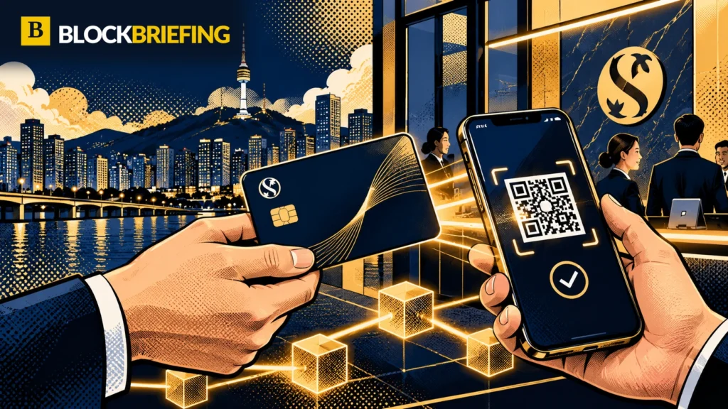 Pop-art illustration of QR code blockchain payment with smartphone, digital payment card and Seoul skyline, displaying the official BlockBriefing header logo.