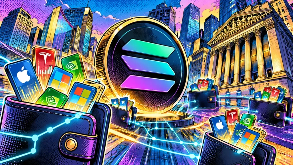 Text-free pop-art illustration of a Solana coin and tokenized stock asset cards connected to digital wallets and financial markets.