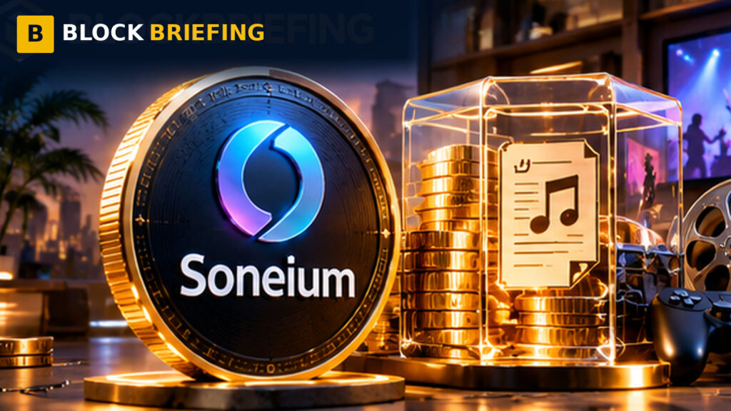 Soneium blockchain royalties vault with entertainment assets, music licensing and digital finance imagery.