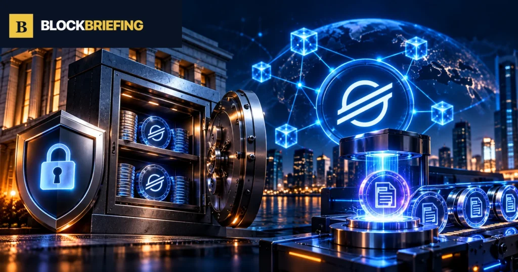 Stellar tokens secured in a digital vault for Taurus custody and issuance, BlockBriefing illustration