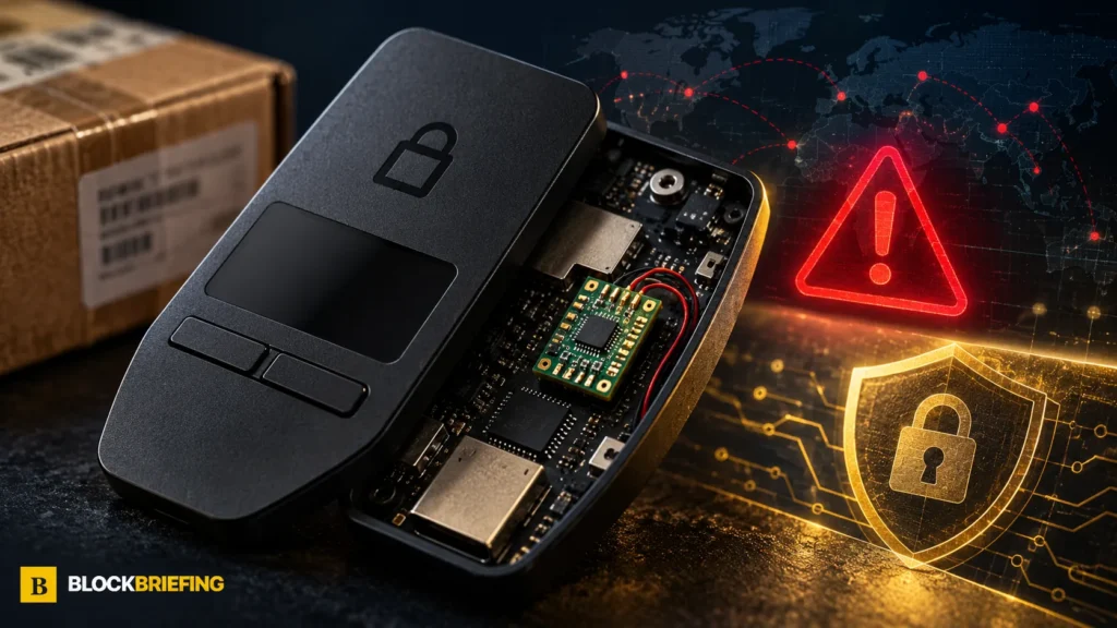 Editorial illustration of a hardware cryptocurrency wallet with suspected circuit modification and a cybersecurity alert