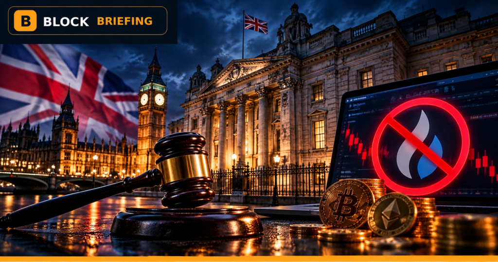BlockBriefing illustration of the UK FCA, a court gavel and HTX cryptocurrency promotion restrictions