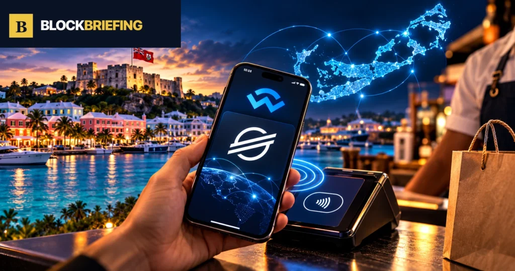 WalletConnect crypto payments beside the Bermuda waterfront, BlockBriefing illustration