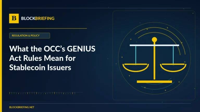 What the OCC’s GENIUS Act Rules Mean for Stablecoin Issuers | BlockBriefing editorial illustration