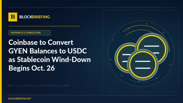 Coinbase to Convert GYEN Balances to USDC as Stablecoin Wind-Down Begins Oct. 26 | BlockBriefing editorial illustration