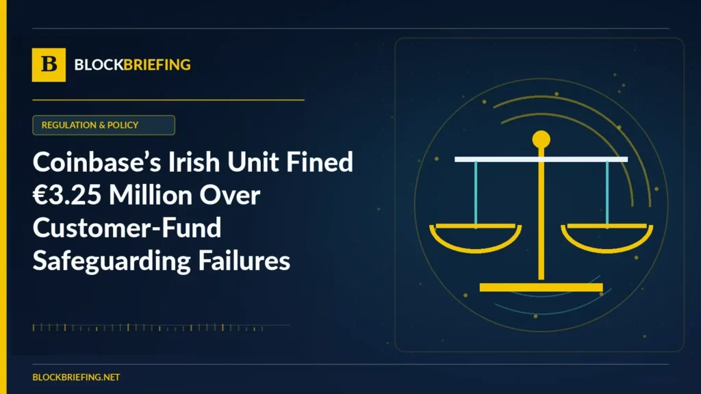 Coinbase’s Irish Unit Fined €3.25 Million Over Customer-Fund Safeguarding Failures | BlockBriefing editorial illustration