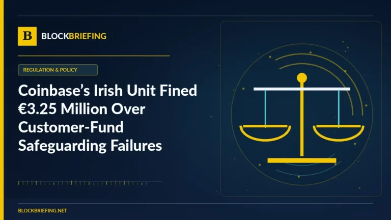 Coinbase’s Irish Unit Fined €3.25 Million Over Customer-Fund Safeguarding Failures | BlockBriefing editorial illustration